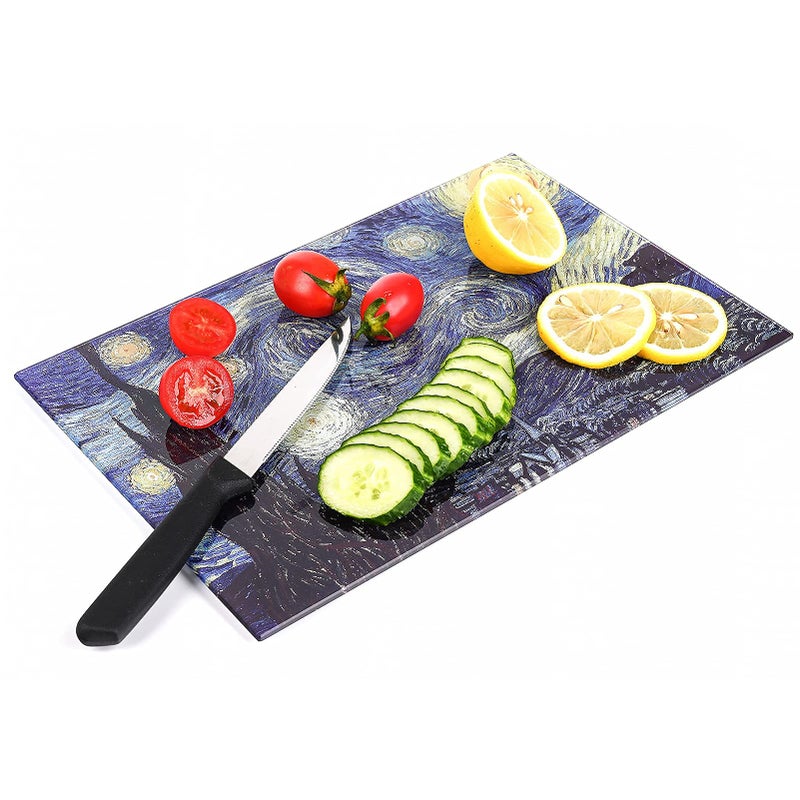 Menesia Tempered Glass Cutting Board for Kitchen  Van Gogh Design Blue Starry  Small Heat Resistant and Dishwasher Safe Chopping Board (Small 8x12inch) - Image 4